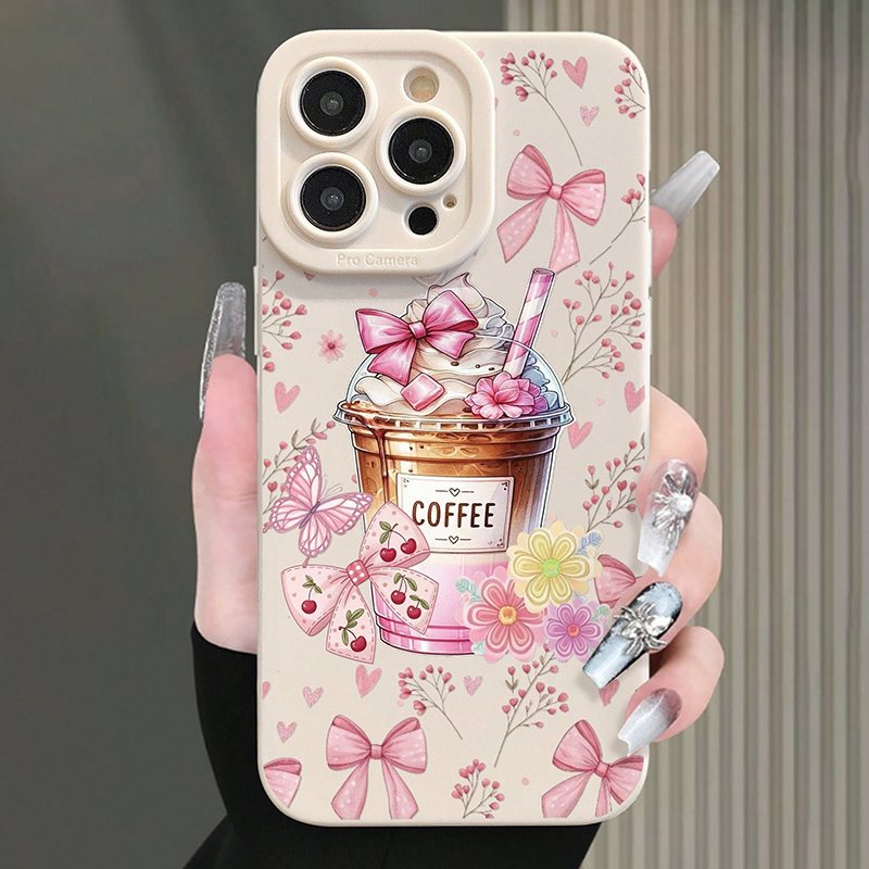 Coffee Plus Tea - Roze strik koffiepatroon melkthee print telefoonhoesje