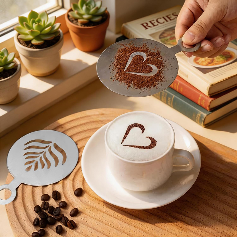 Coffee Stencil Art - 4-delige roestvrijstalen koffiesjablonenset, cake- en koekjesbakvorm,